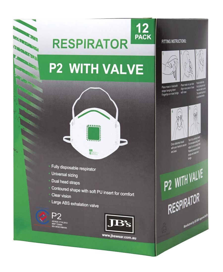 JB's P2 RESPIRATOR WITH VALVE (12PC) JB's P2 RESPIRATOR WITH VALVE (12PC) JB's wear Faster Workwear and Design