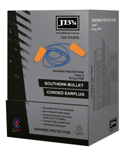 JB's SOUTHERN BULLET CORDED EARPLUG (100 PAIR) JB's SOUTHERN BULLET CORDED EARPLUG (100 PAIR) JB's wear Faster Workwear and Design